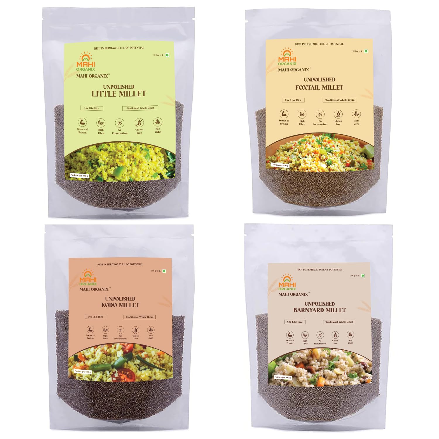 Mahi Organix Unpolished Little, Foxtail, Kodo & Barnyard Millets Combo Pack 2 kg | Gluten Free | Millet Rice | 100% Natural | Shridhanya Positive Millets | Pack of 4, 500g Each